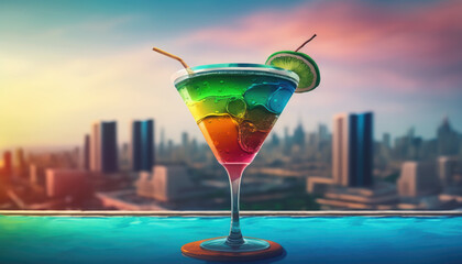 Cocktail on the edge of the pool overlooking the city, luxury holiday concept created with generative AI technology