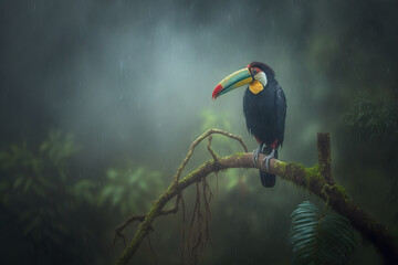 Toco toucan in the reserve of exotic tropical birds. Generative AI