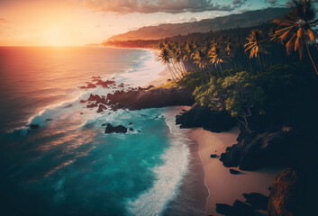 Wall Mural - Aerial top view on  coastline with big waves and palm trees at sunset.AI generated Illustration.