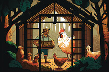 Traditional Farming: An Illustration Of Chickens In A Coop With A Farmer