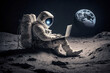 Astronaut in outer space working on a laptop. Neural network AI generated art