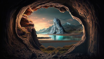 Wall Mural - Breathtaking fantasy landscape, seen from inside a cave 