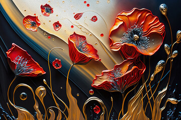 Wall Mural - Abstract  Digital Oil Painting of Red Poppy Flowers  .AI generated Illustration.