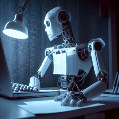 Wall Mural - Humanoid robot working from home instead of the office who has obtained a job using its laptop computer screen for an automated  business call centre workplace, Generative AI stock illustration image