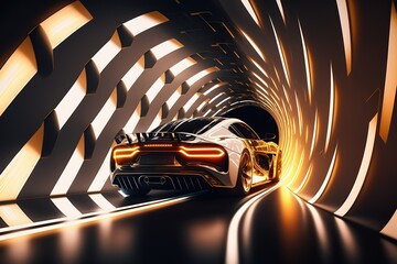 Canvas Print - A car drives through a tunnel in neon lights, rear view. Sports car, futuristic autonomous vehicle. HUD car. Generative AI