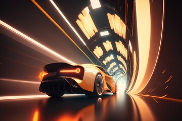 Leinwandbilder - The car drives through the neon tunnel, rear view. Sports car, futuristic autonomous vehicle. HUD car. Generative AI