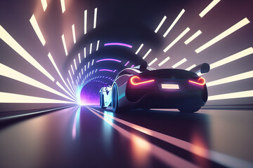 Leinwandbilder - A car drives through a tunnel in neon lights, rear view. Sports car, futuristic autonomous vehicle. HUD car. Generative AI
