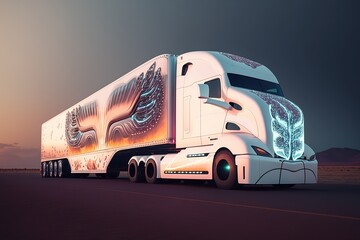 Sticker - Truck stands on the road, side view. Sports car, futuristic autonomous vehicle. HUD car. Generative AI