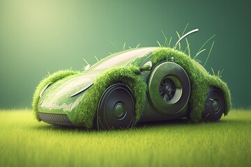 Canvas Print - Car with greenery on the lawn, side view. Sports car, futuristic autonomous vehicle. HUD car. Generative AI