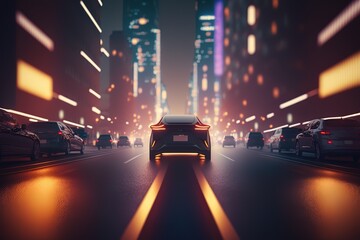 Poster - Sports car rides through the streets of the city, rear view. Sports car, futuristic autonomous vehicle. HUD car. Generative AI