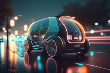 Poster - The car stands on the road in the night city, side view. Sports car, futuristic autonomous vehicle. HUD car. Generative AI