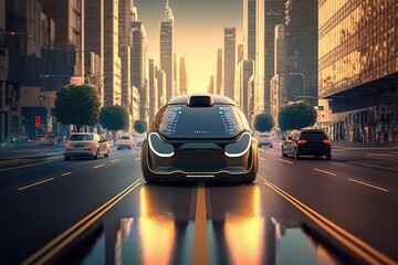 Poster - The car is driving around the city, rear view. Sports car, futuristic autonomous vehicle. HUD car. Generative AI