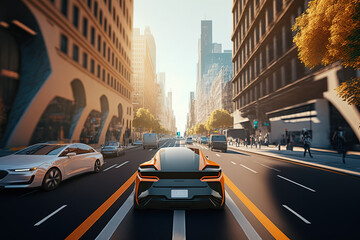 Poster - The car is driving down the city street, rear view. Sports car, futuristic autonomous vehicle. HUD car. Generative AI