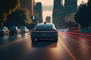 Poster - The car is driving down the city street, rear view. Sports car, futuristic autonomous vehicle. HUD car. Generative AI