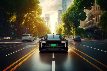 Poster - The car is driving around the city, rear view. Sports car, futuristic autonomous vehicle. HUD car. Generative AI