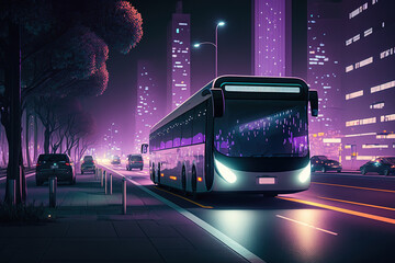 Aufkleber - The bus rides on the road of the city, front view. Sports car, futuristic autonomous vehicle. HUD car. Generative AI