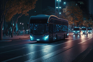 Aufkleber - The bus rides on the road of the city, side view. Sports car, futuristic autonomous vehicle. HUD car. Generative AI
