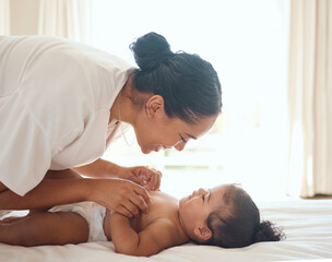 Sticker - Care, playful and mother with baby on the bed in the morning with a smile for happiness in their family home. Mothers day, love and mom playing with her girl child in a bedroom or nursery in a house