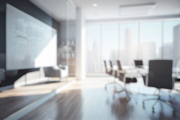 Wall Mural - blurred large modern office meeting room in the morning, interior workplace with cityscape for busin