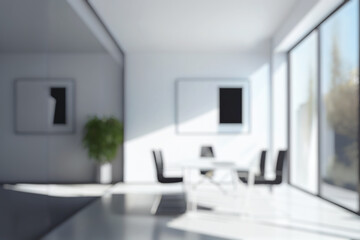 Wall Mural - blurred large modern office meeting room in the morning, interior workplace with cityscape for busin