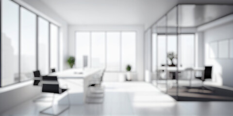 Wall Mural - blurred large modern office workspace in the morning , interior workplace with cityscape for busines