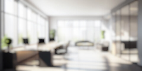 Wall Mural - blurred large modern office workspace in the morning , interior workplace with cityscape for busines