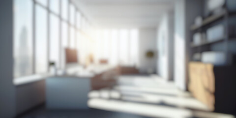 Wall Mural - blurred large modern office workspace in the morning , interior workplace with cityscape for busines