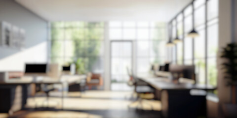 Wall Mural - blurred large modern office workspace in the morning , interior workplace with cityscape for busines