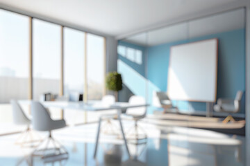 Wall Mural - blurred large modern office meeting room in the morning, interior workplace with cityscape for busin