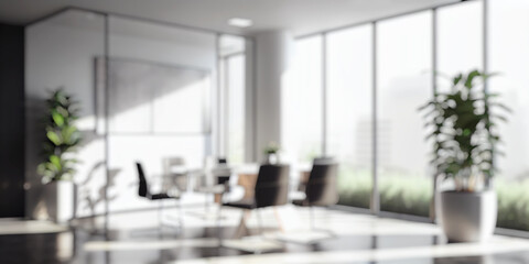 Wall Mural - blurred large modern office meeting room in the morning, interior workplace with cityscape for busin