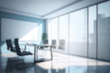 Wall Mural - Blurred large modern office meeting room in the morning, interior workplace with cityscape for business presentation background, AI generated