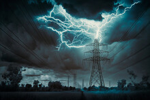 Electricity Transmission Towers With Thunderstrike. Central System. Generative AI