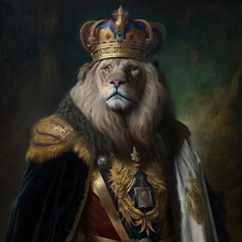 A Painting Of A Royal Kingly Lion Wearing A Crown, A Portrait Generative AI