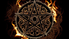Black Mass Montage Of Occult Satanic Pentagram Materialising Against A Grunge Texture Background Of Alchemy Symbols.