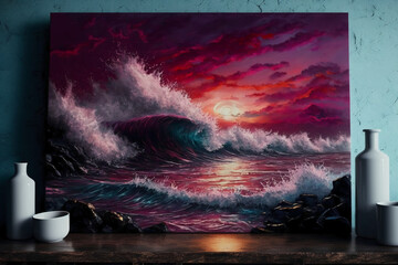 Wall Mural - Impressionism, mpressionismm, dark red purple sunset over the stormy glacial island ocean shore, huge waves, the ocean playing  Generative AI