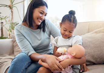 Poster - Mother, love and child with toys happy together on sofa in living room at home for relationship bonding, care and support. Family, mama smile and kid spend quality time or happiness on couch