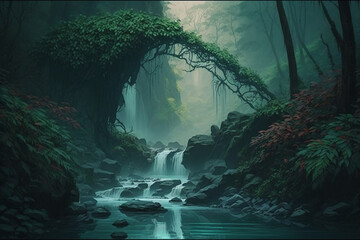 Wall Mural - Waterfall in summer tropical fog island forest landscape Generative AI