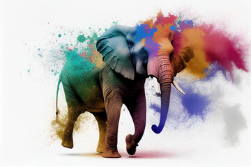 Elephant Happy Holi colorful white background. Festival of colors, colorful rainbow holi paint color powder explosion isolated white wide panorama background created with Generative AI technology