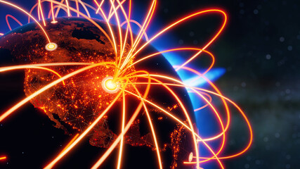 Wall Mural - Globalization and communication concept. Earth and luminous rays. 3d rendering