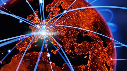 Wall Mural - Globalization and communication concept. Earth and luminous rays. 3d rendering