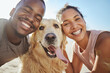© Siphosethu F/peopleimages.com - Face, dog and love with a black couple on the beach during summer walking their pet for fun or recreation together. Portrait, happy and smile with a man, woman and pet golden retriever outdoor