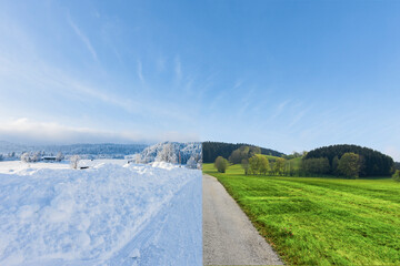 Canvas Print - Jahreszeitwechsel von Winter zu Sommer in einer Landschaft