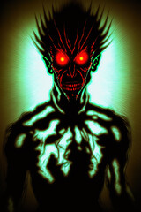 Wall Mural - a creepy alien with glowing eyes in the dark, humanoid, art illustration 