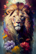 A charming portrait of a lion with a dynamic pose is depicted in this stunning oil painting. The lion animal is set against a backdrop of delicate florals. Generative AI.