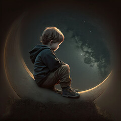 Wall Mural - Boy sitting over waxing crescent moon Created Using Generative Ai