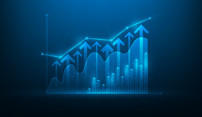 Wall Mural - achievement graph arrow growth and development technology. stock market trading investment on blue dark background. vector illustration fantastic hi-tech digital.