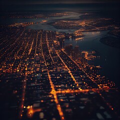 Poster - Beautiful scenic night city view through the aircraft window. Window seat on airplane overlooking night view. Generative Ai