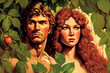 Portrait of Adam and Eve in the Garden of Eden. The concept of Genesis and original sin. Generative AI.