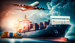 transportation and logistic import export and transport industry of truck container cargo ship, Generative ai