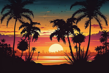 Beautiful tropical summer sunset with palm trees at the beach. Orange sunset in the blue sky